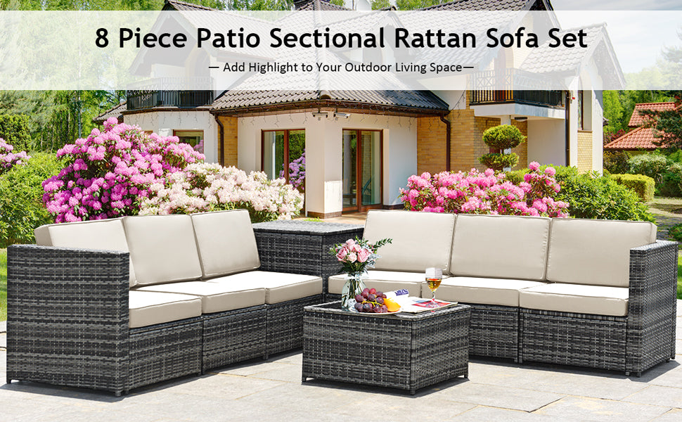 8 Pieces Rattan Wicker Patio Sofa Set Outdoor Furniture Set with Storage Table