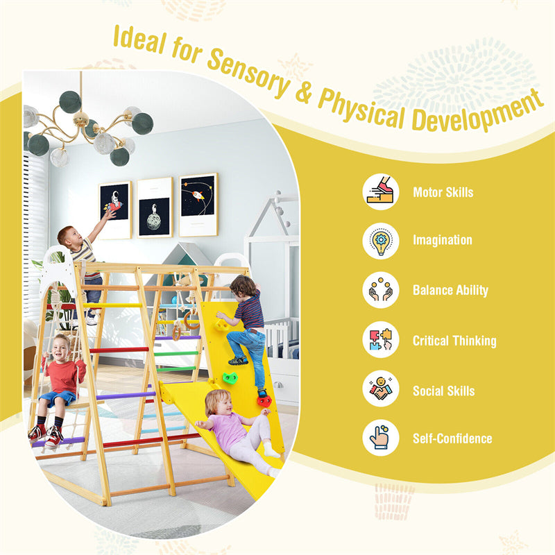 8-in-1 Montessori Toddler Indoor Playground Jungle Gym Wooden Climber Playset Climbing Toys with Slide & Gymnastic Rings