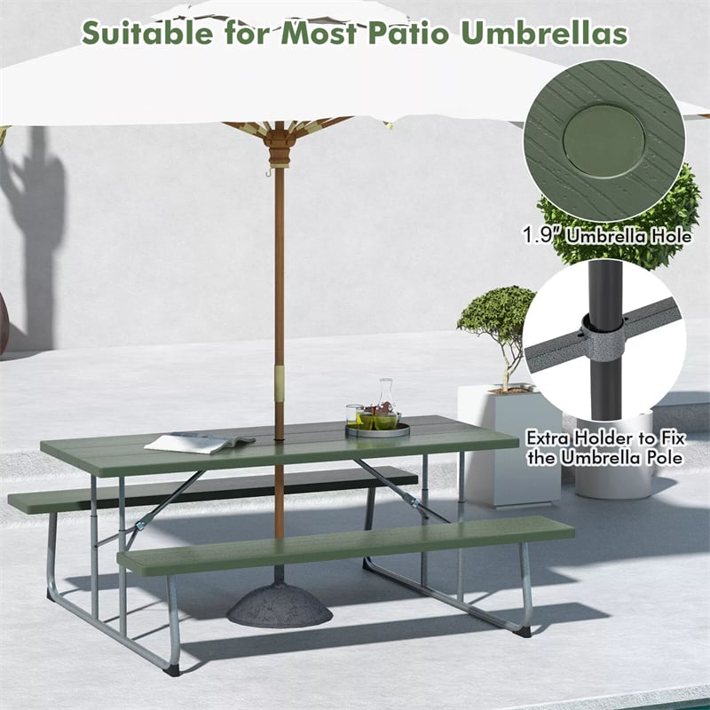 8 Person Folding Picnic Table Bench Set 6FT Large Outdoor Dining Table with Umbrella Hole, All-Weather HDPE Tabletop & 2 Built-in Benches