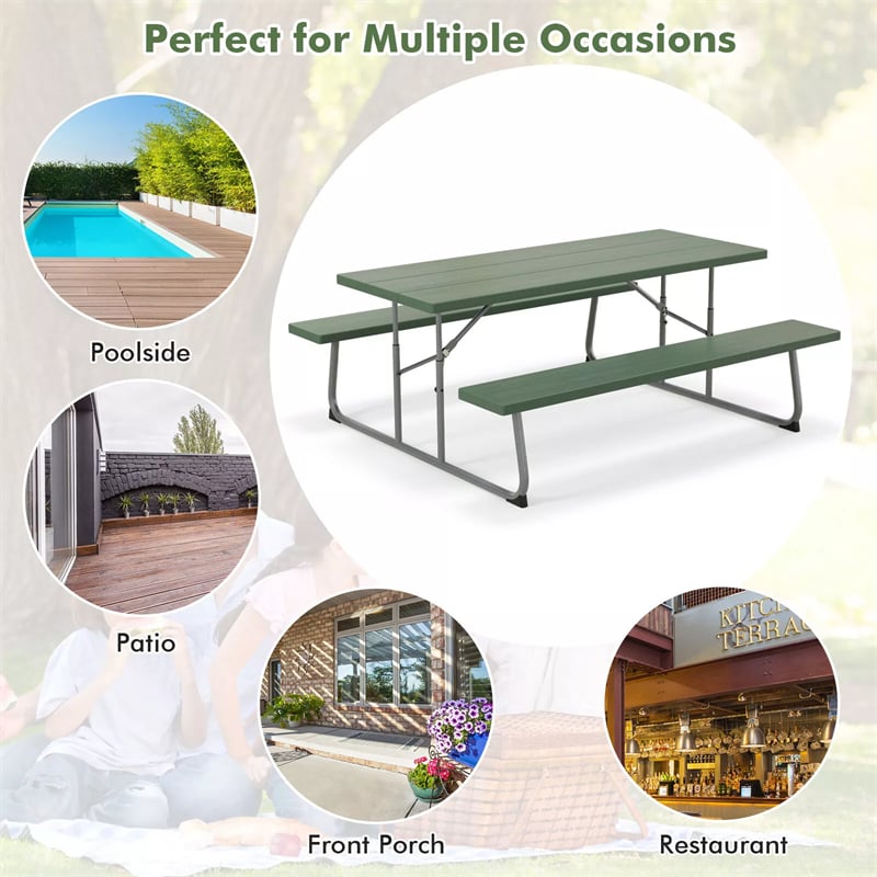 8 Person Folding Picnic Table Bench Set 6FT Large Outdoor Dining Table with Umbrella Hole, All-Weather HDPE Tabletop & 2 Built-in Benches