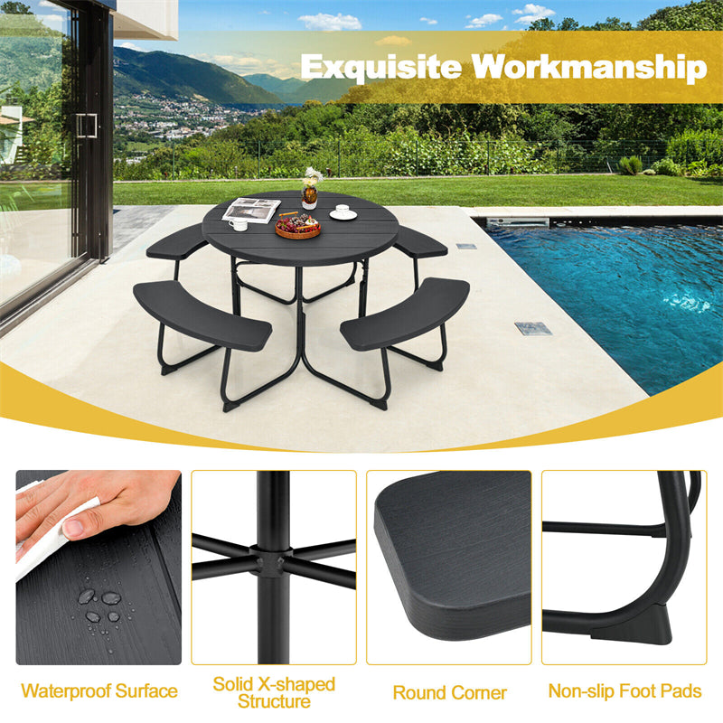 8 Person Round Picnic Table Bench Set Metal Frame HDPE Outdoor Table with 4 Built-in Benches & Umbrella Hole