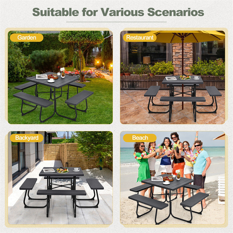 8 Person Square Picnic Table Metal Frame HDPE Tabletop Outdoor Table with 4 Built-in Benches & Umbrella Hole for Garden Backyard