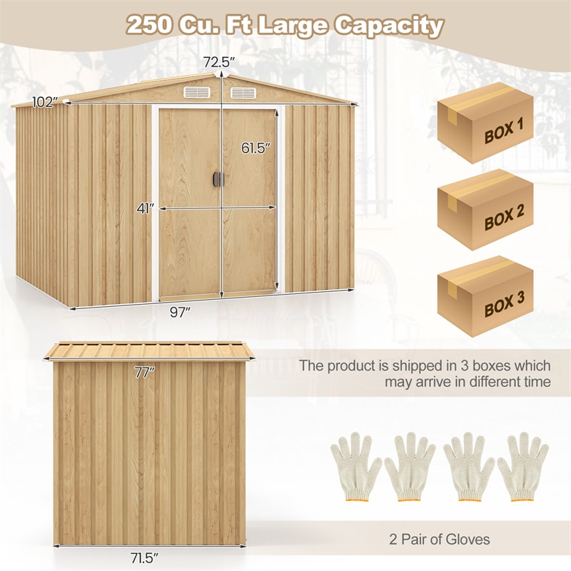 8' x 6' Outdoor Storage Shed Galvanized Steel Garden Tool Shed with Base Floor & Lockable Double Sliding Door