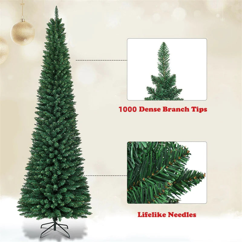 8ft PVC Artificial Christmas Tree Holiday Decor Slim Pencil Xmas Tree with Foldable Metal Stand