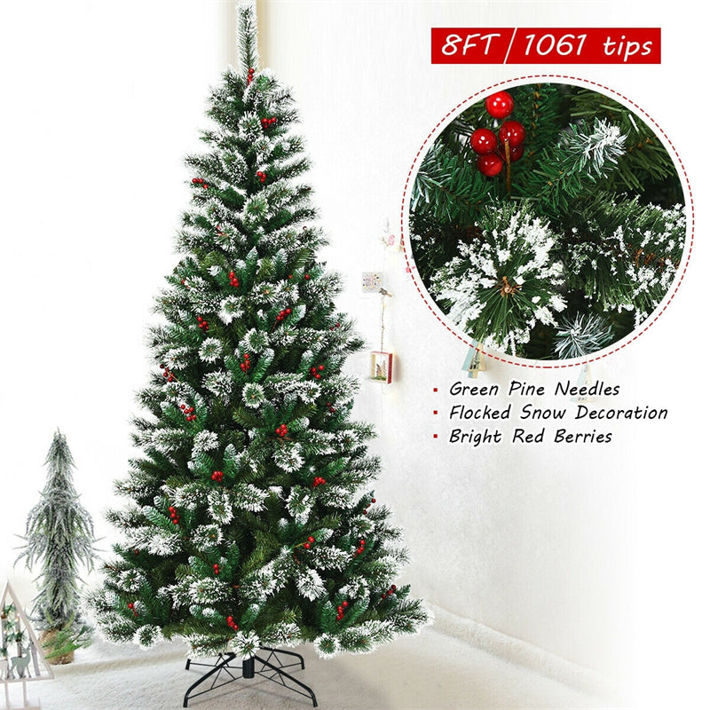 8ft Snow Flocked Pencil Artificial Christmas Tree with Red Berries