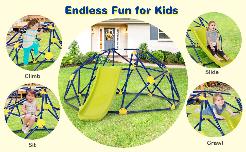 8FT Climbing Dome with Slide, 2-in-1 Geometric Dome Climber Indoor Outdoor Jungle Gym Climbing Toys for Kids & Toddlers