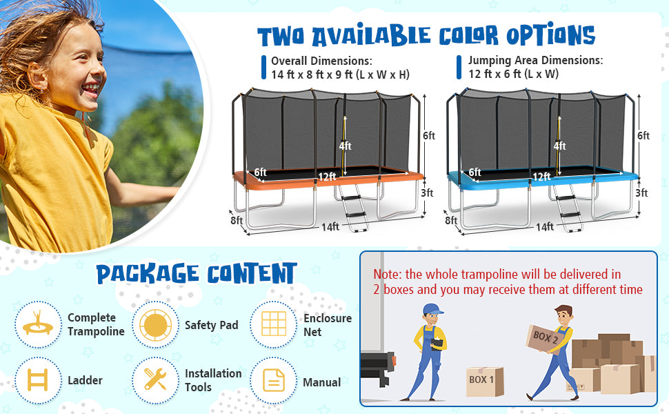 8 x 14FT Outdoor Rectangular Recreational Trampoline with Enclosure Net Non-Slip Ladder for Kids Adults