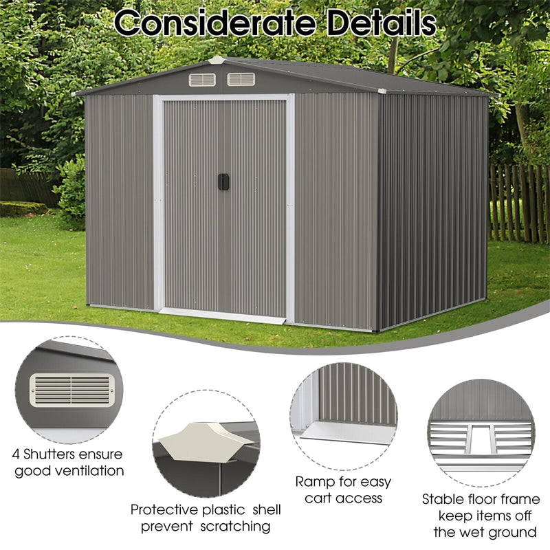 8'x6' Outdoor Storage Shed Galvanized Steel Garden Tool House with Foundation 4 Louvers Double Doors Ramp for Lawn Yard