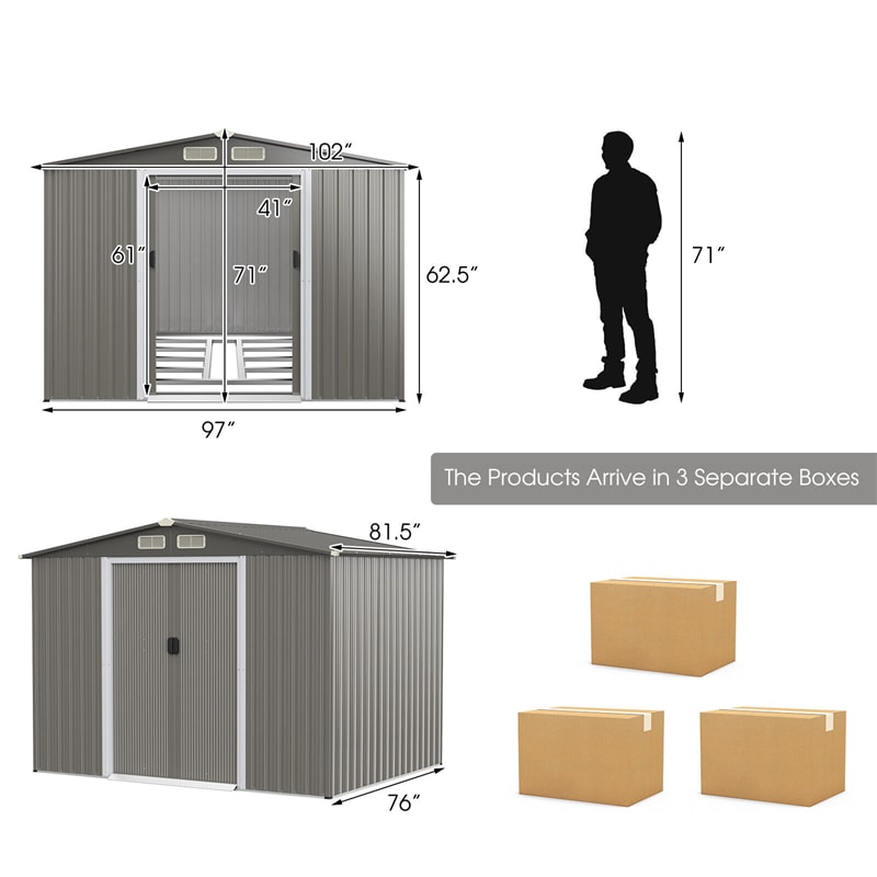 8'x6' Outdoor Storage Shed Galvanized Steel Garden Tool House with Foundation 4 Louvers Double Doors Ramp for Lawn Yard