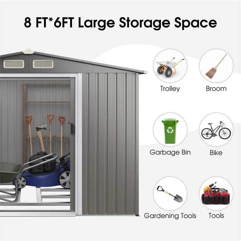 8'x6' Outdoor Storage Shed Galvanized Steel Garden Tool House with Foundation 4 Louvers Double Doors Ramp for Lawn Yard