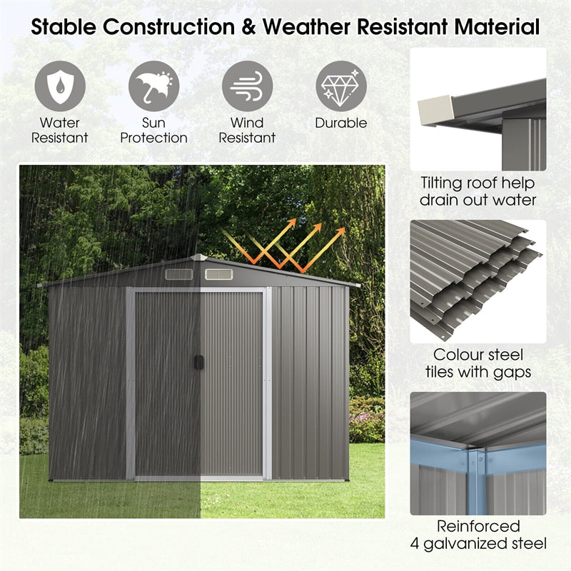 8'x6' Outdoor Storage Shed Galvanized Steel Garden Tool House with Foundation 4 Louvers Double Doors Ramp for Lawn Yard