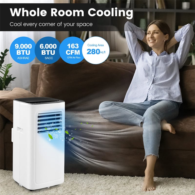 9000 BTU Portable Air Conditioner 3-in-1 AC Cooling Unit Cools Rooms up to 280 Sq.Ft with Dehumidifier, Remote Control & Window Kit