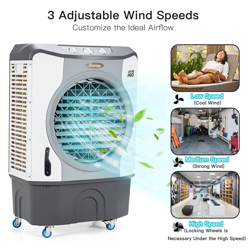 9740 CFM Industrial Evaporative Cooler 4-in-1 Portable Air Cooler Fan Humidifier Purifier with 45L Tank 100°Oscillation & 4 Universal Casters