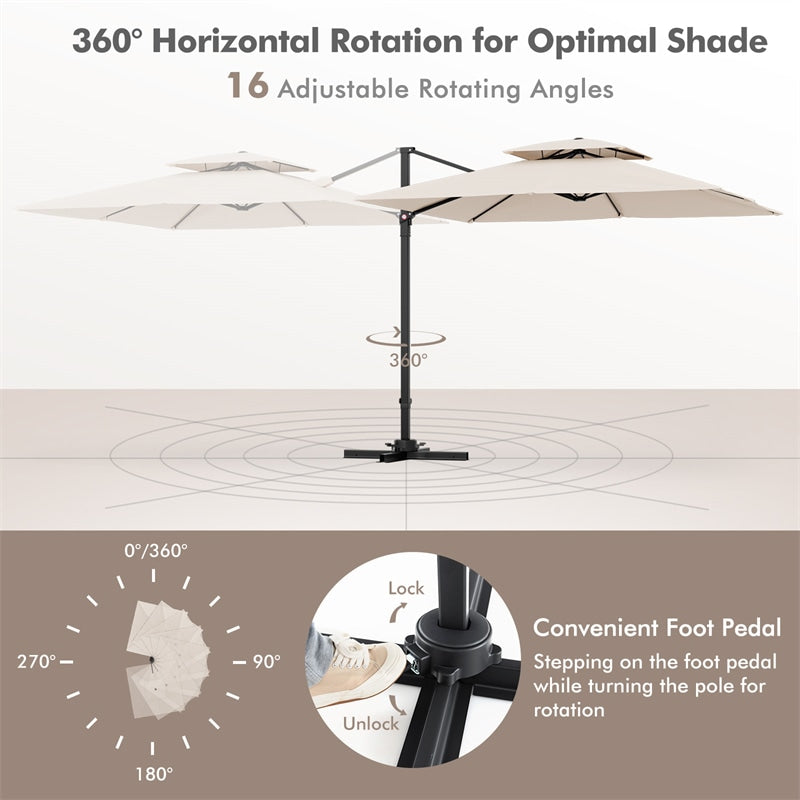 9.5FT Square Double Top Cantilever Umbrella Heavy Duty Offset Hanging Patio Umbrella with 360° Rotation & Cross Base