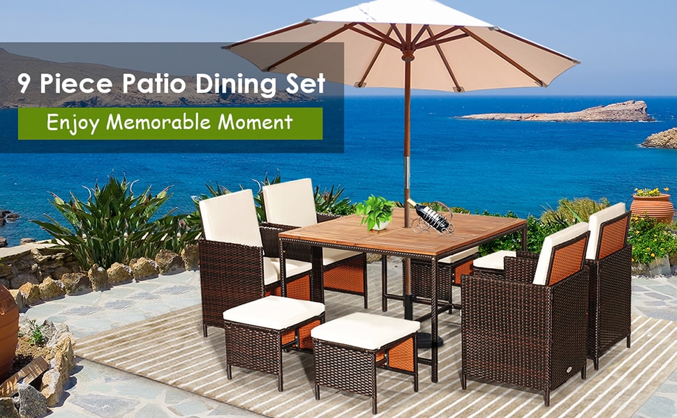 9 Pcs Outdoor Acacia Wood Patio Dining Set with Wicker Chairs & Umbrella Hole