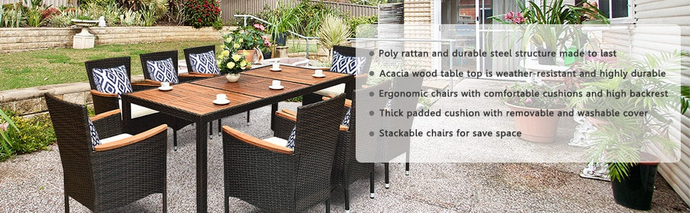 9 Pcs Wicker Outdoor Patio Dining Set with Acacia Wood Table and Stackable Armrest Chairs