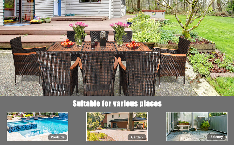 9 Pcs Wicker Outdoor Patio Dining Set with Acacia Wood Table and Stackable Armrest Chairs