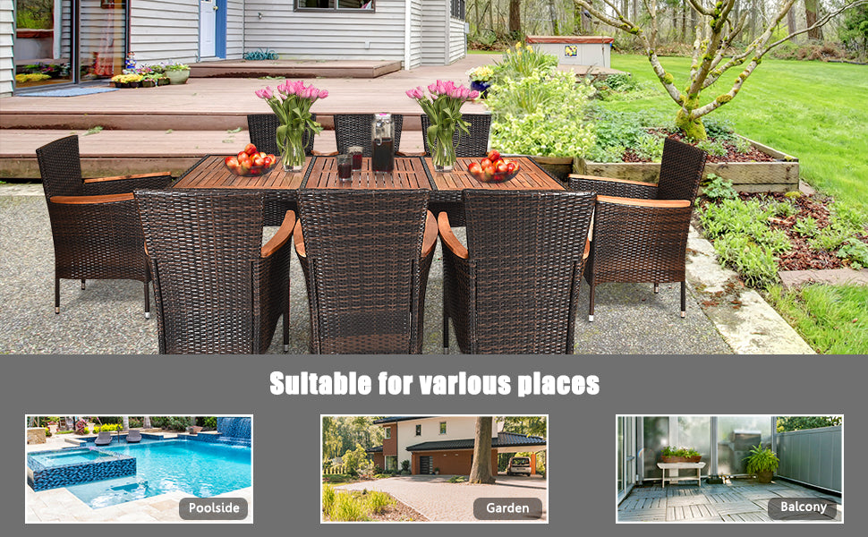 9 Pcs Outdoor Wicker Dining Set Patio Furniture Set with Acacia Wood Table and Stackable Armrest Chairs