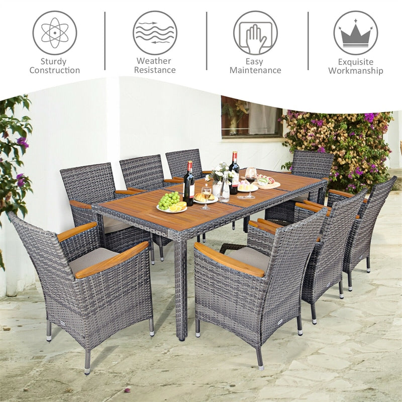 9 Piece Patio Rattan Dining Set Wicker Outdoor Furniture Set with Acacia Wood Table & Cushioned Chairs