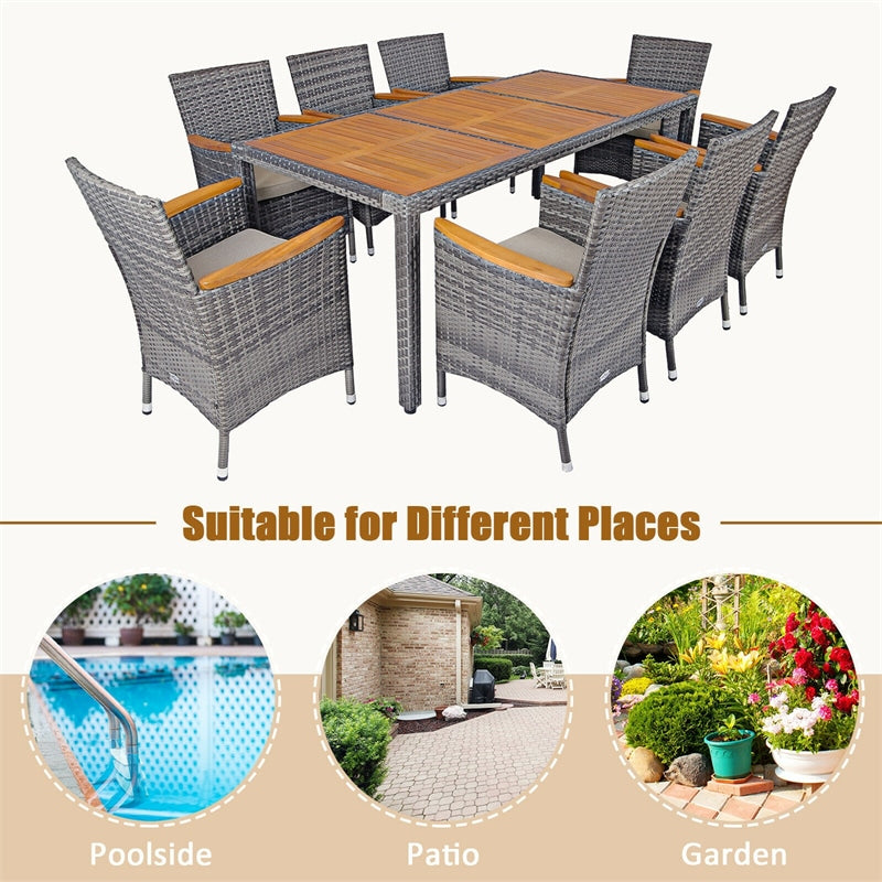 9 Piece Patio Rattan Dining Set Wicker Outdoor Furniture Set with Acacia Wood Table & Cushioned Chairs