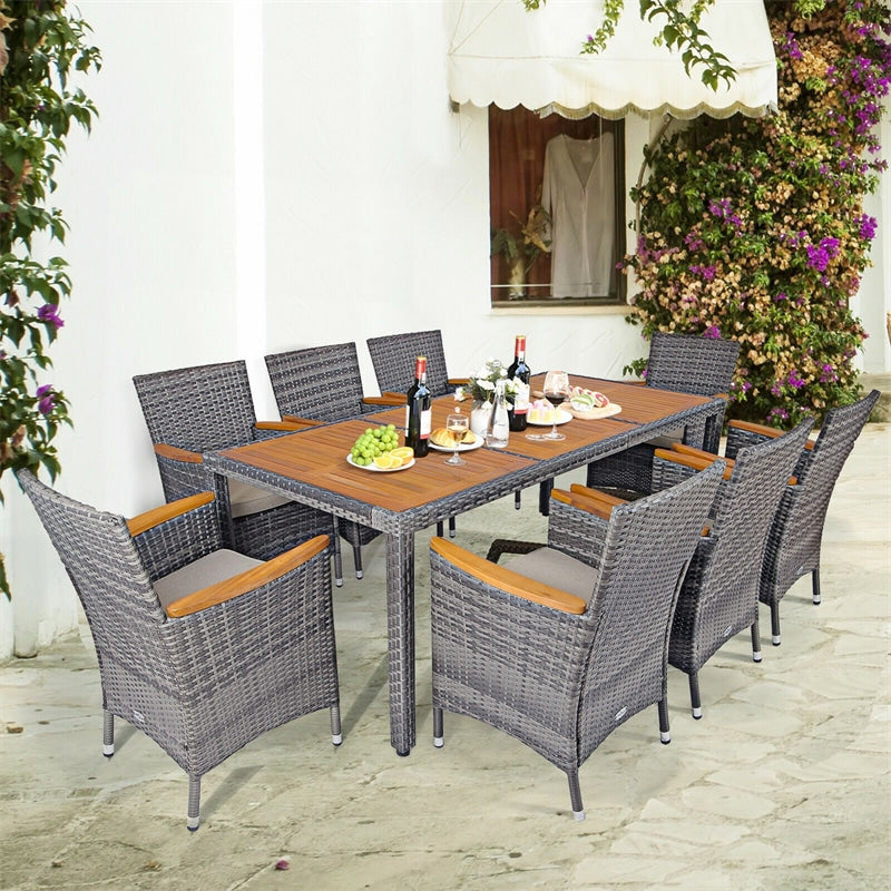 9 Piece Patio Rattan Dining Set Wicker Outdoor Furniture Set with Acacia Wood Table & Cushioned Chairs