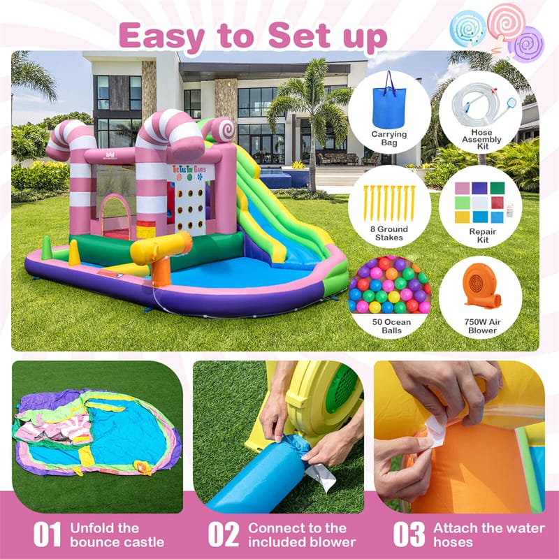 9-in-1 Inflatable Water Slide Bounce House Sweet Candy Backyard Bouncy Castle Waterpark Pool with GFCI 750W Blower, Climbing Wall & Tic-Tac-Toe