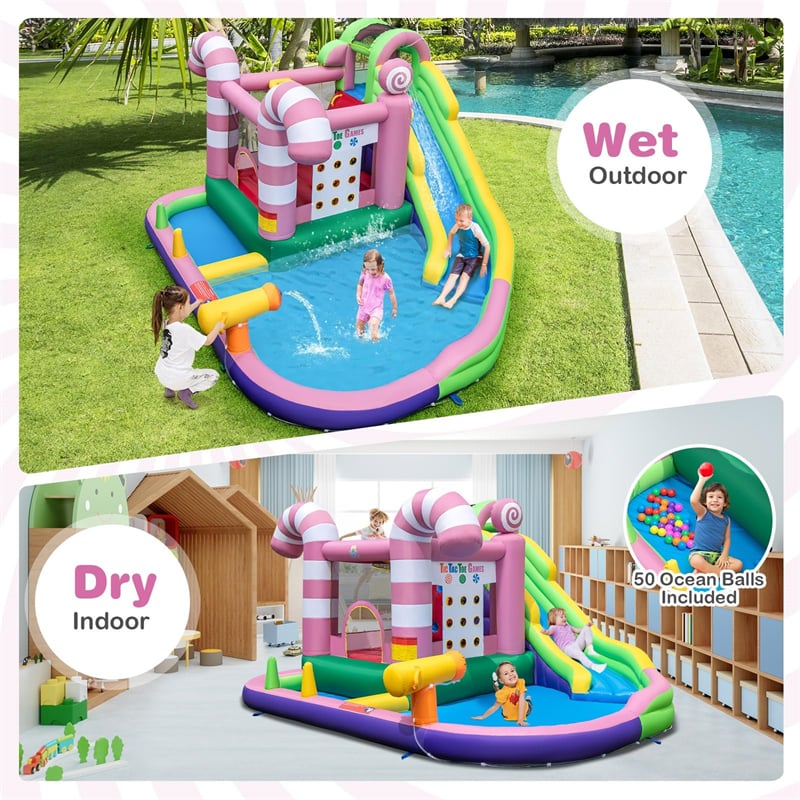 9-in-1 Inflatable Water Slide Bounce House Sweet Candy Bouncy Castle Water Slide Park Pool with Climbing Wall & Tic-Tac-Toe for Kids Indoor Outdoor Fun