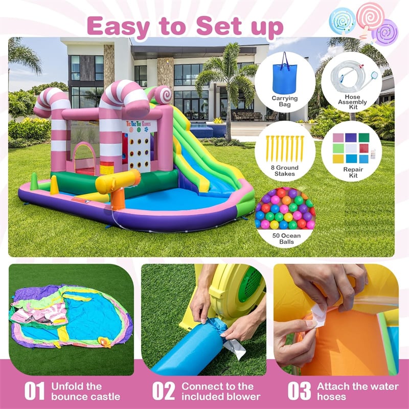 9-in-1 Inflatable Water Slide Bounce House Sweet Candy Bouncy Castle Water Slide Park Pool with Climbing Wall & Tic-Tac-Toe for Kids Indoor Outdoor Fun