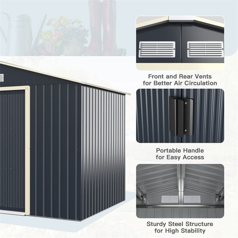 9’ x 6’ Outdoor Metal Storage Shed with 4 Vents & Sliding Double Lockable Doors for Garden Backyard