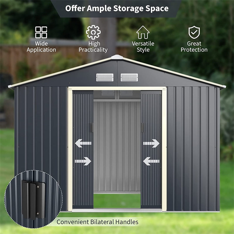 9’ x 6’ Outdoor Metal Storage Shed with 4 Vents & Sliding Double Lockable Doors for Garden Backyard