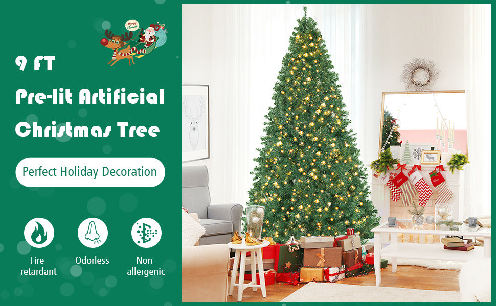 9ft Pre-lit Christmas Tree Spruce Hinged Artificial Xmas Tree with 700 LED Lights & Solid Metal Stand