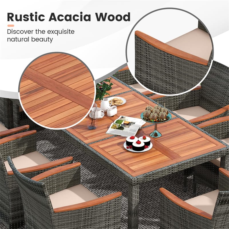 9 Piece Patio Rattan Dining Set Outdoor Wood Wicker Furniture Set with Acacia Wood Table, Umbrella Hole, Cushioned Chairs