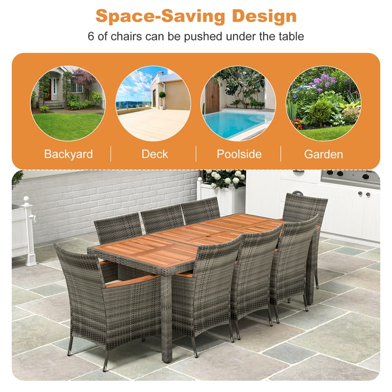 9 Piece Patio Rattan Dining Set Outdoor Wood Wicker Furniture Set with Acacia Wood Table, Umbrella Hole, Cushioned Chairs