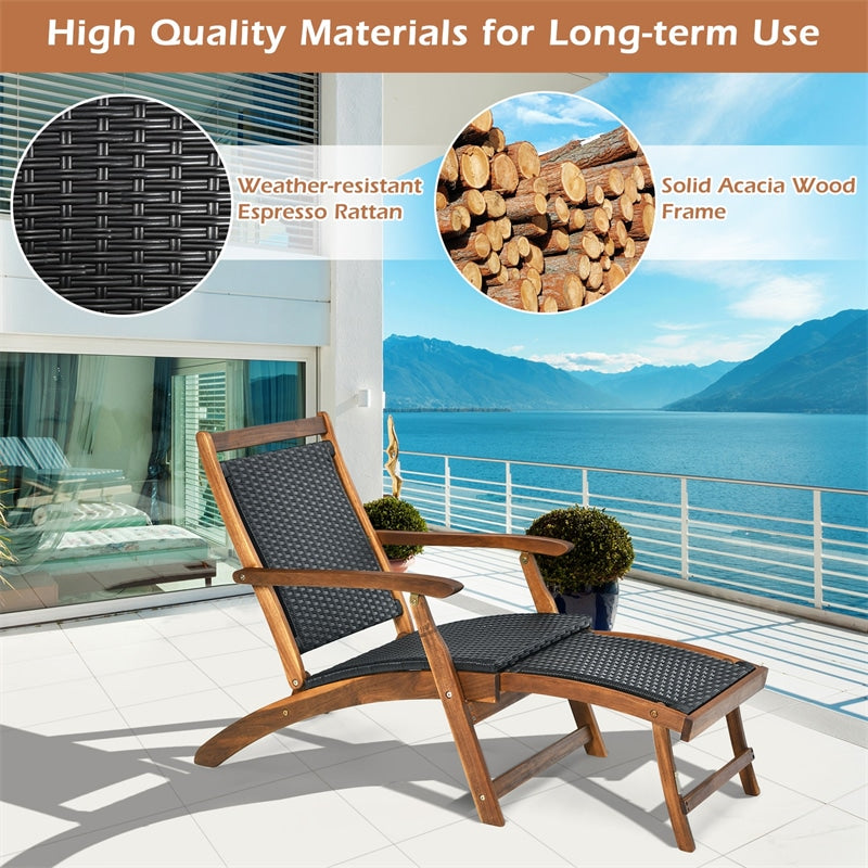 Eletriclife Acacia Wood Folding Rattan Patio Chaise Lounge Chair with Retractable Footrest