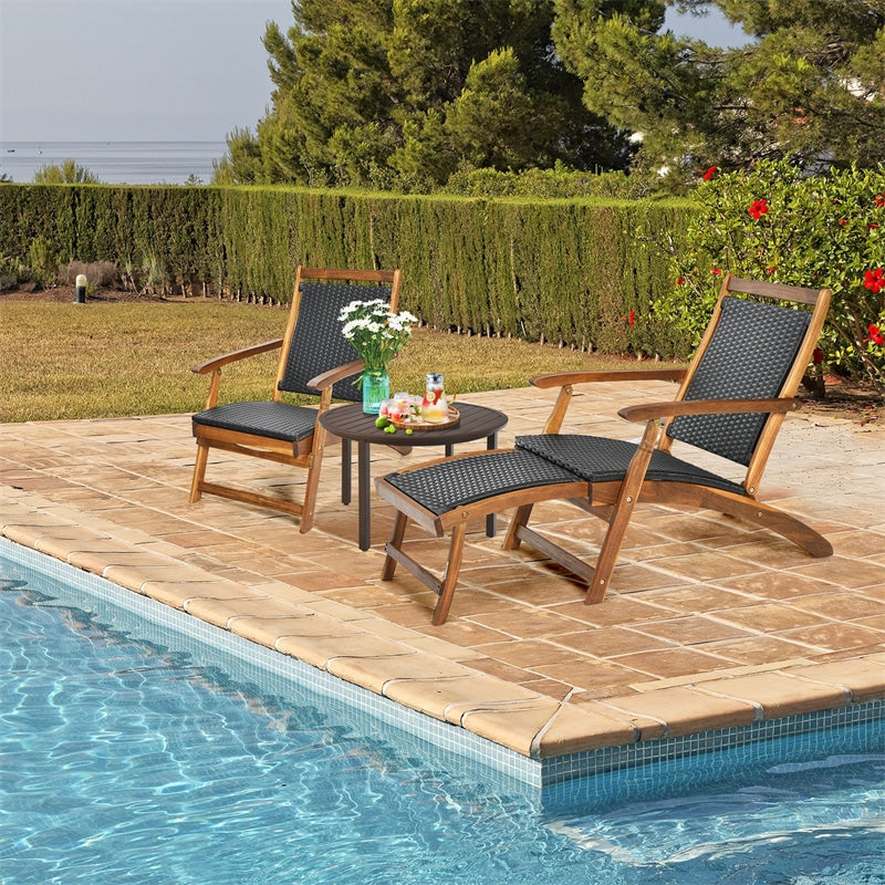 Eletriclife Acacia Wood Folding Rattan Patio Chaise Lounge Chair with Retractable Footrest