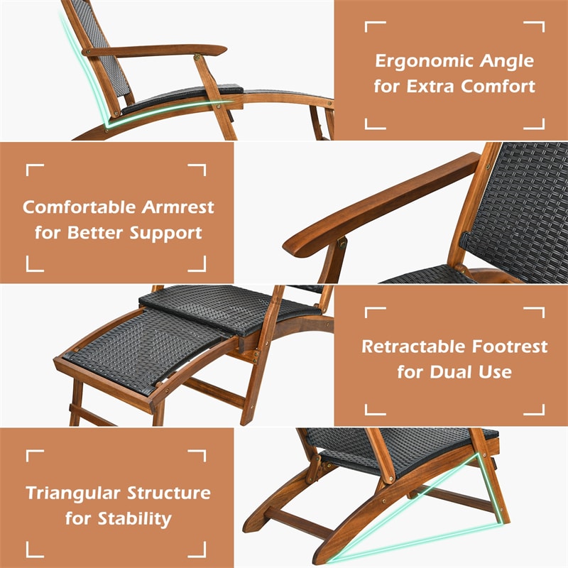 Eletriclife Acacia Wood Folding Rattan Patio Chaise Lounge Chair with Retractable Footrest