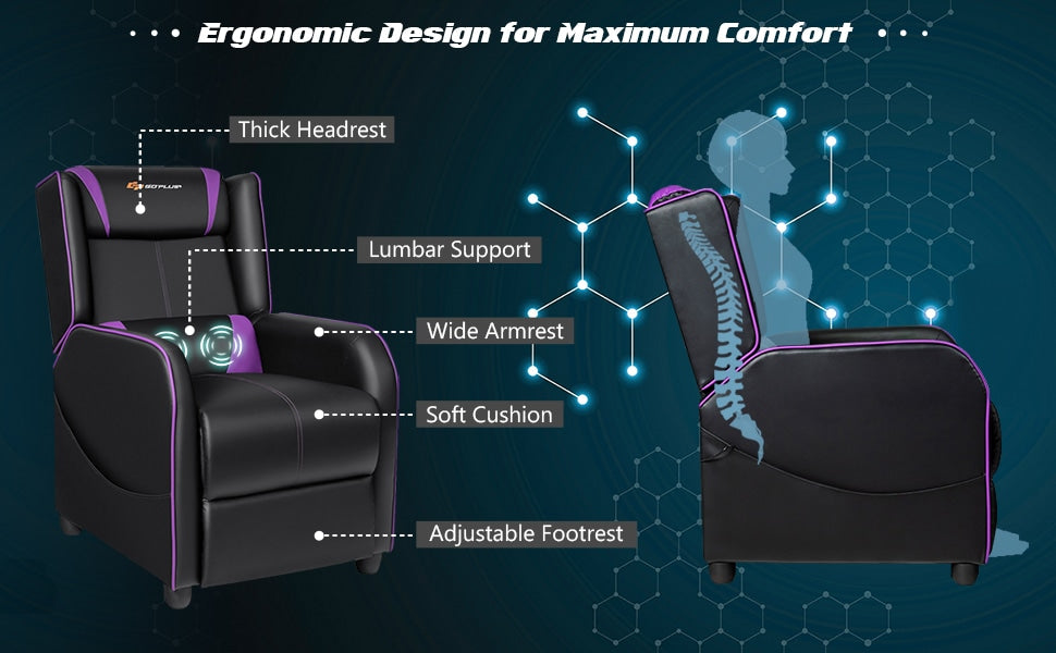 Adjustable Gaming Recliner Chair Racing Style PU Leather Single Recliner Sofa with Massage
