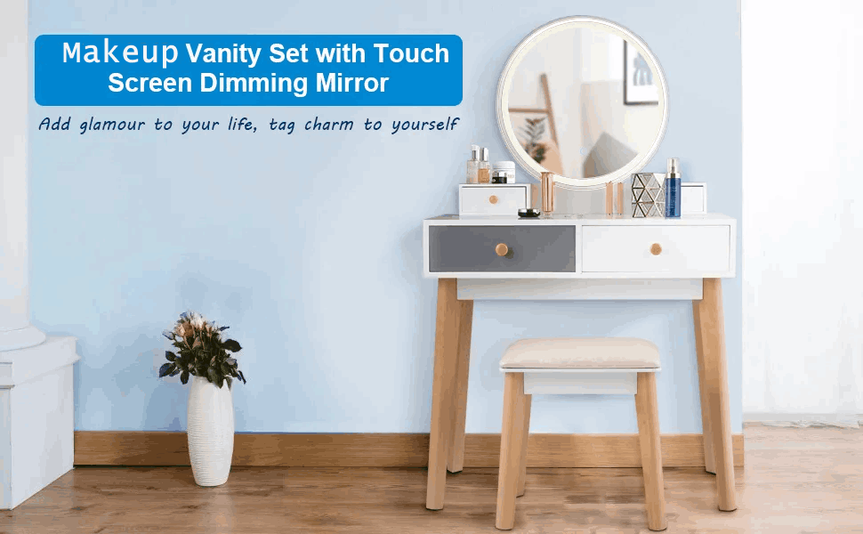Bedroom Makeup Vanity Table Stool Set with 4 Drawers & 3-Color Touch Screen Dimming Mirror