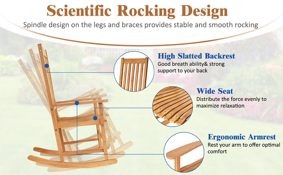 Outdoor Acacia Wood High Back Rocking Chair Patio Porch Rocker with Armrests