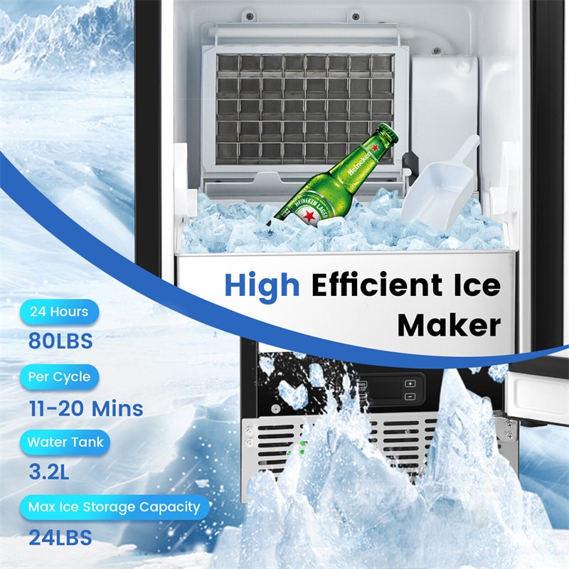 80LBS/24H Commercial Built-in Ice Maker Freestanding Under Counter 115V Industrial Ice Machine with Drain Pump & 24LBS Ice Storage