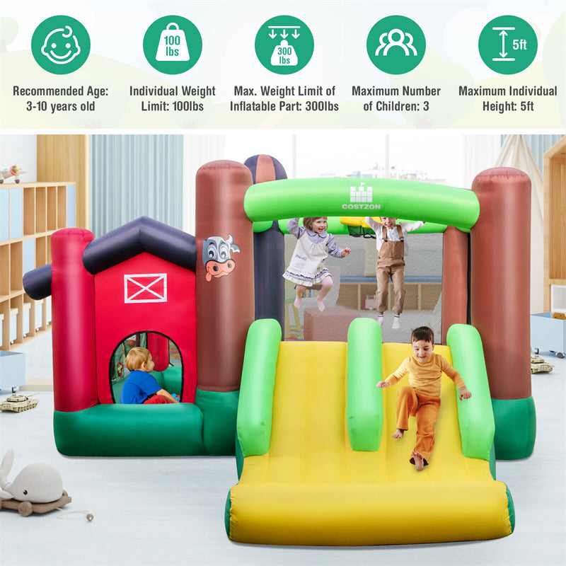 Farm Themed Inflatable Castle Indoor Outdoor Kids Bouncy House with Double Slides & 735W Air Blower