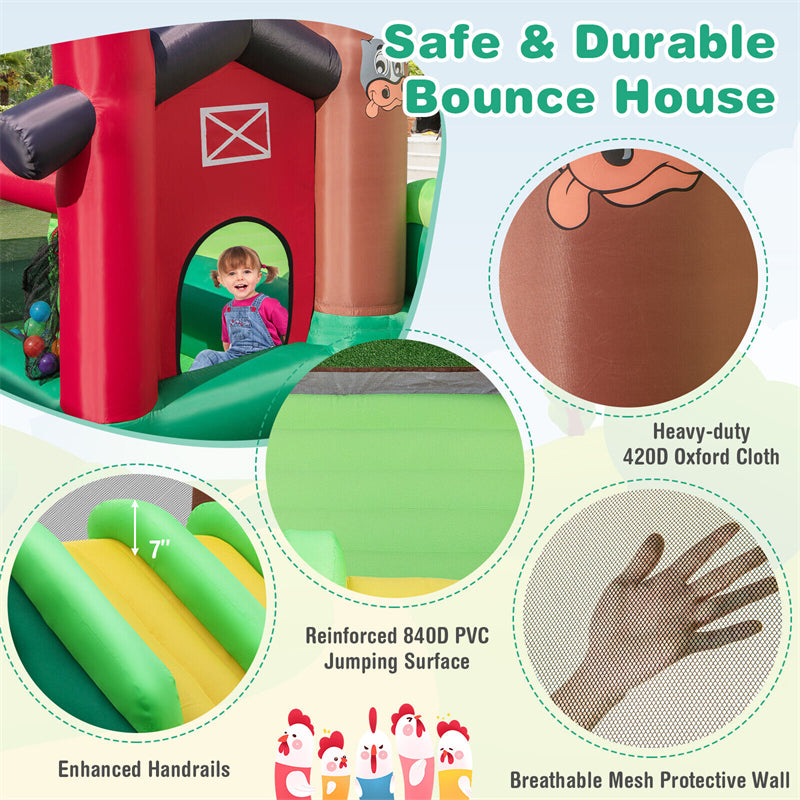 Farm Themed Inflatable Castle Indoor Outdoor Kids Bouncy House with Double Slides & 735W Air Blower