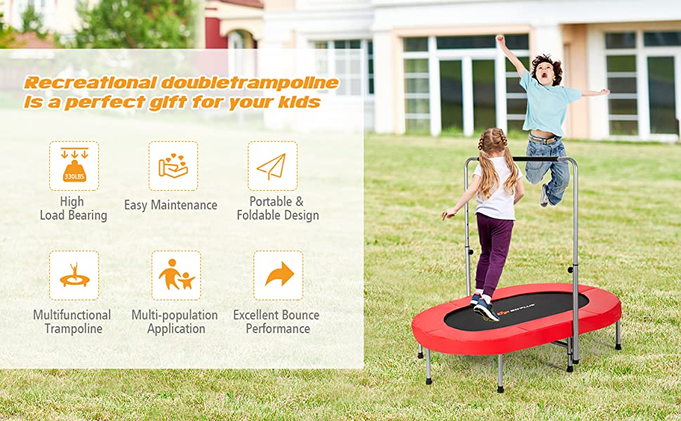 Foldable Double Mini Kids Fitness Rebounder Trampoline with Adjustable Central Handrail