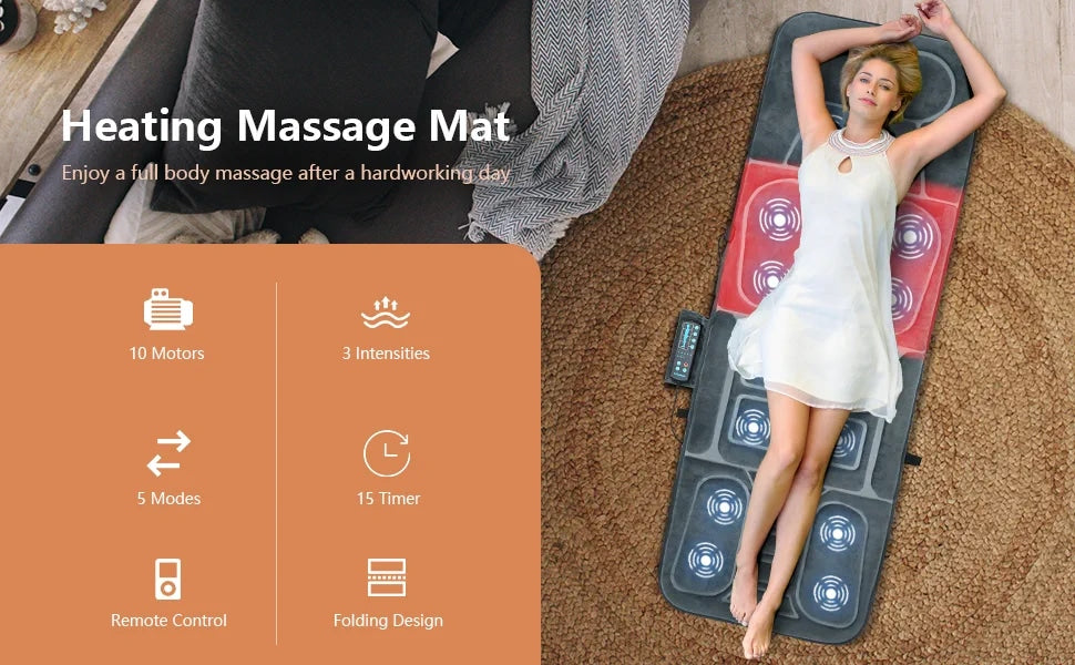 Foldable Heated Massage Pad Full Body Massage Mat Back Massage Chair with 10 Vibration Motors