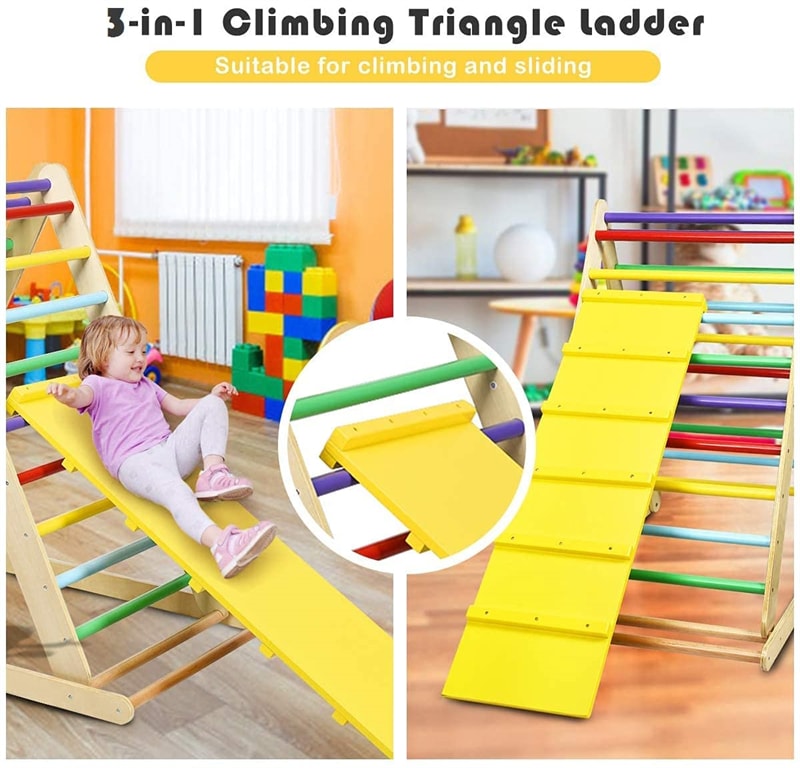 Foldable Wooden Climbing Pikler Triangle Toddler Climber Ladder with Climbing Ramp