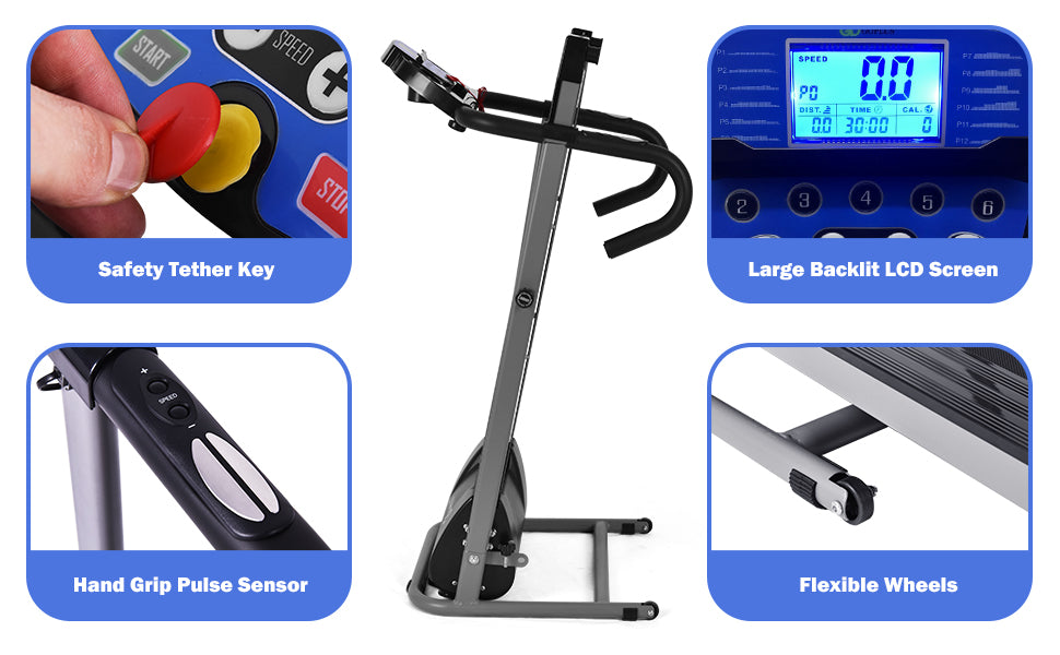 Folding Electric Treadmill Compact Running Walking Machine with LCD Display and Heart Rate Sensor for Home Office