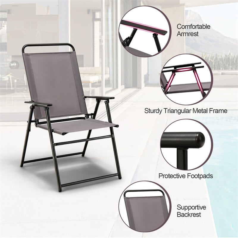 Folding Outdoor Dining Chairs Set of 2 Sling Patio Chairs Portable High Back Chairs with Metal Frame & Armrest for Balcony Garden Poolside Beach