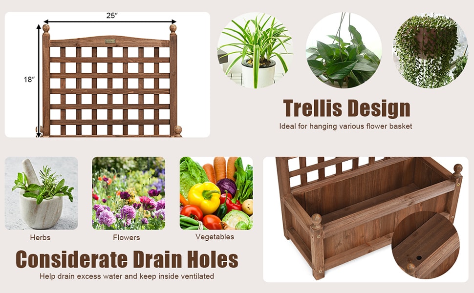 Free Standing Wooden Raised Garden Bed Planter Box with Trellis