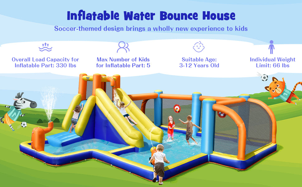 Giant Soccer Themed Inflatable Water Slide 7-in-1 Long Slide Water Park without Blower