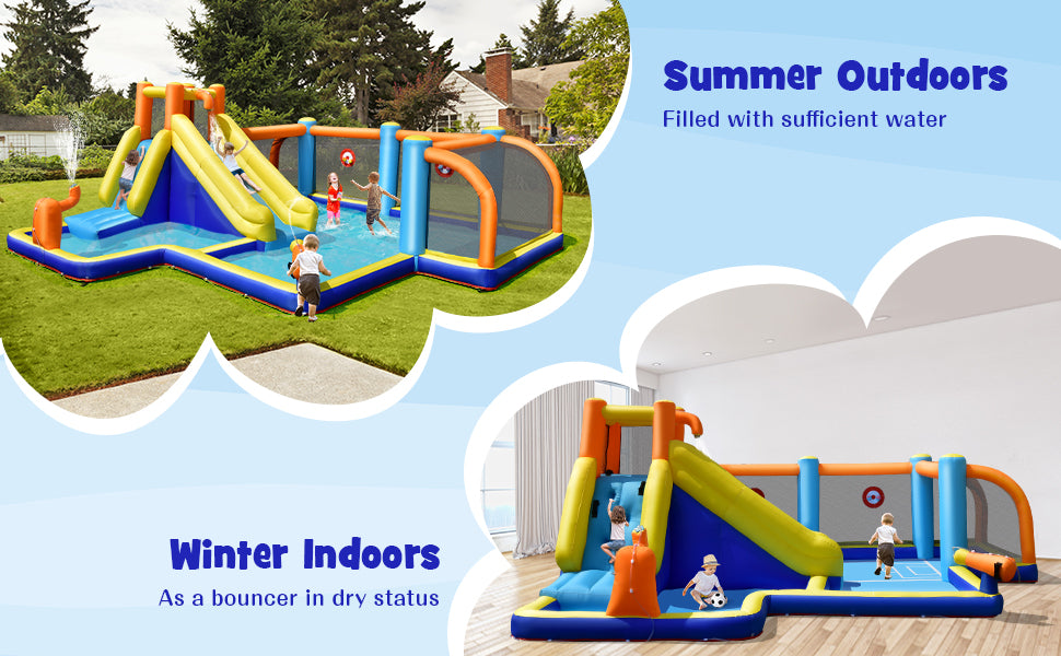 Giant Soccer Themed Inflatable Water Slide 7-in-1 Long Slide Water Park without Blower
